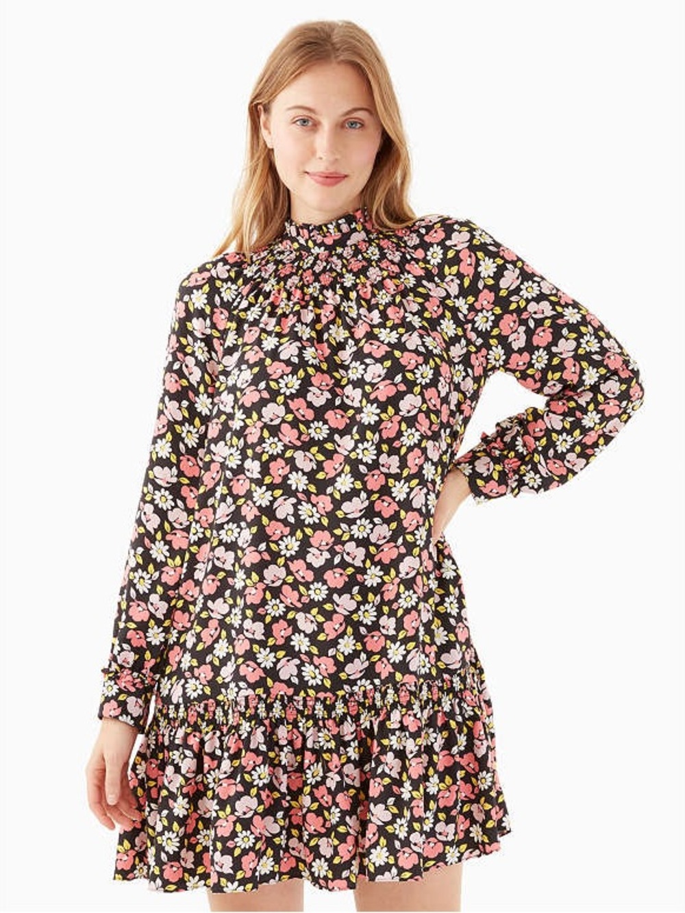 kate spade Black and Pink Floral Smocked-Neck Long Sleeve Dress
